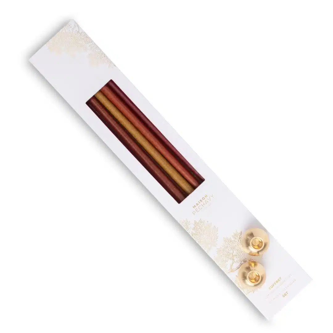 Set of slim candles and candleholders GEMME-ikat terracotta